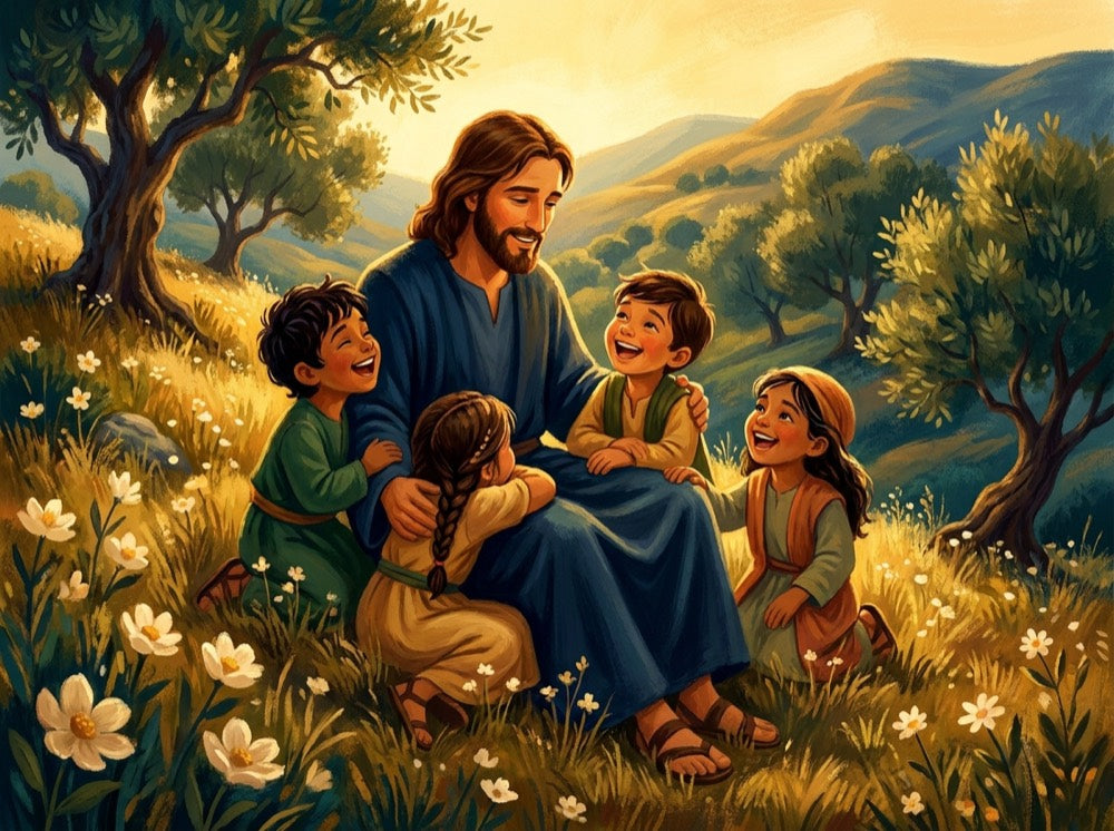 Jesus with laughing children on a hillside