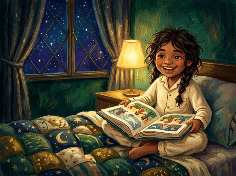 A smiling girl reading a Bible storybook in bed