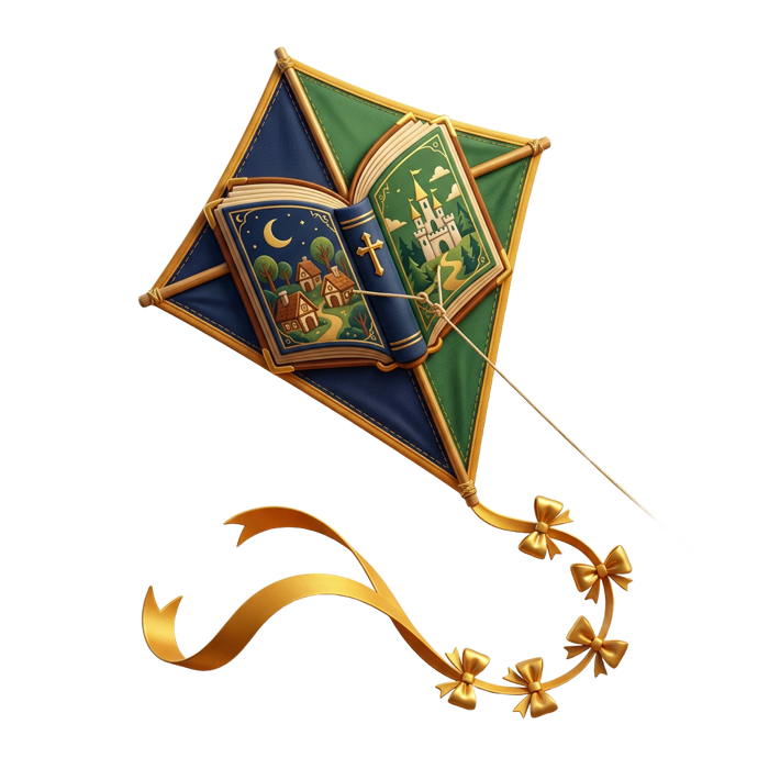 A boy flying a storybook kite