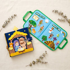 Both products together: the handmade nativity quiet book and the Bible story felt board
