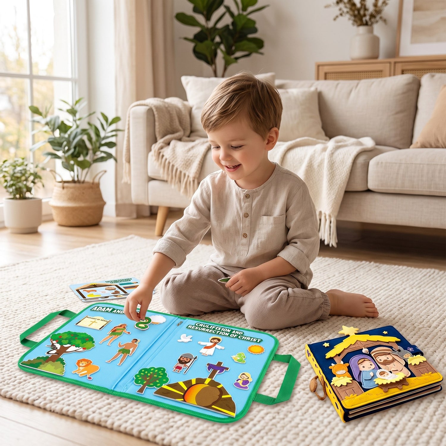 Child playing on a rug with both the felt board and the nativity quiet book