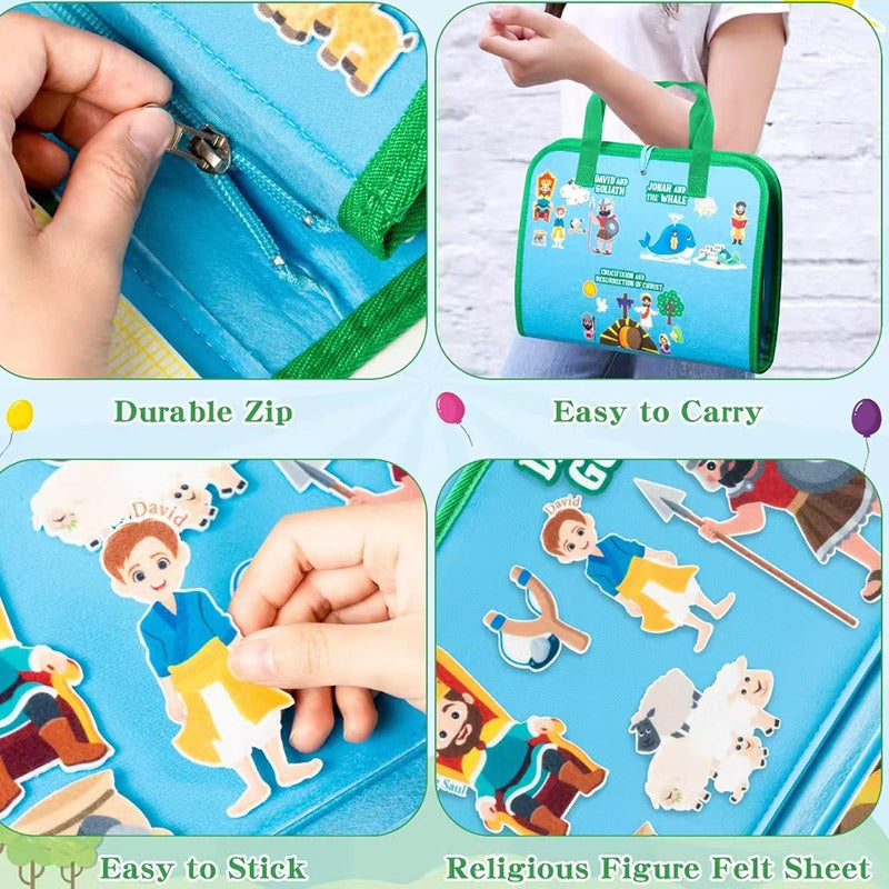 Felt board features: zip closure, carry handles, stick-on figures and two-sided felt sheets