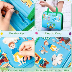 Felt board features: zip closure, carry handles, stick-on figures and two-sided felt sheets