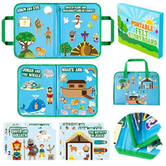 All six Bible felt board scenes shown with the gift box and carry bag
