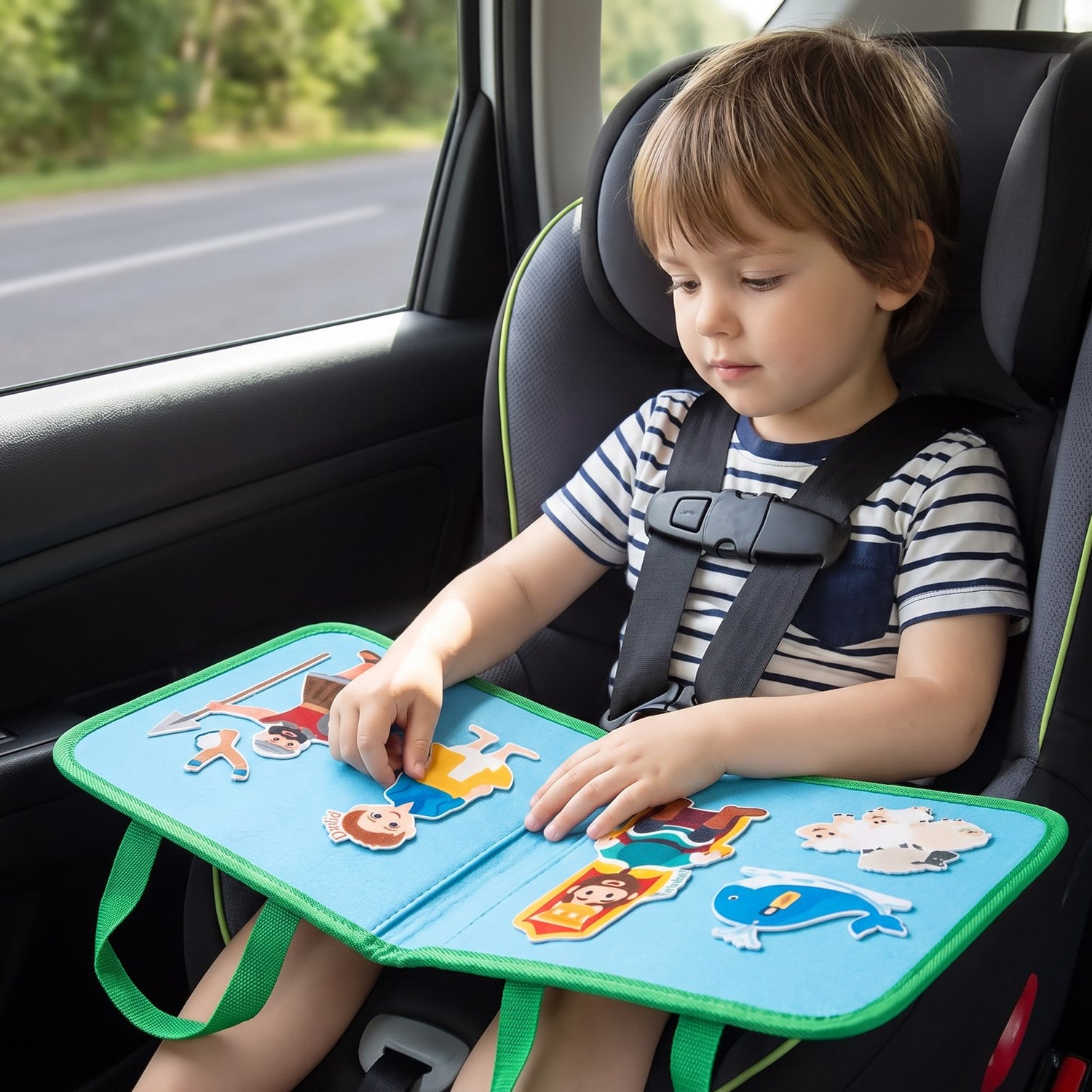 Child in a car seat playing with the Bible story felt board open on their lap