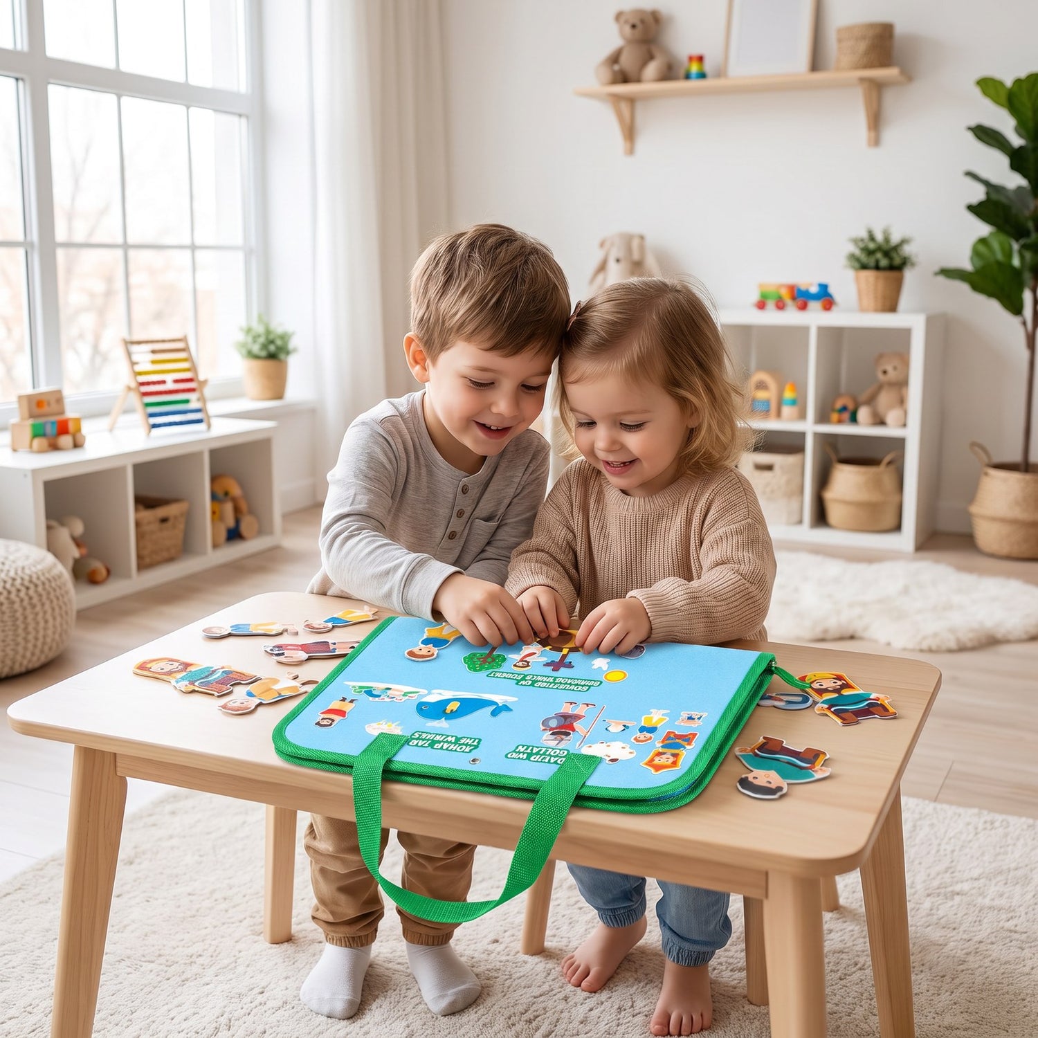 Two siblings building a Bible scene together on the felt board at a playroom table