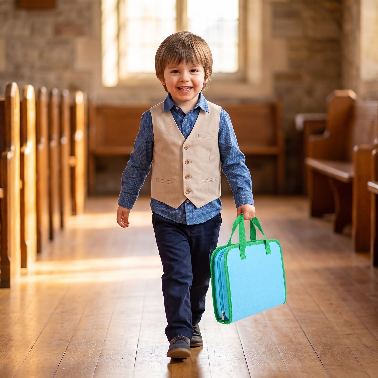 Child carrying the folded felt board by its green handles into church
