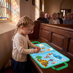 Girl kneeling at a church pew with the felt board open, quietly arranging figures