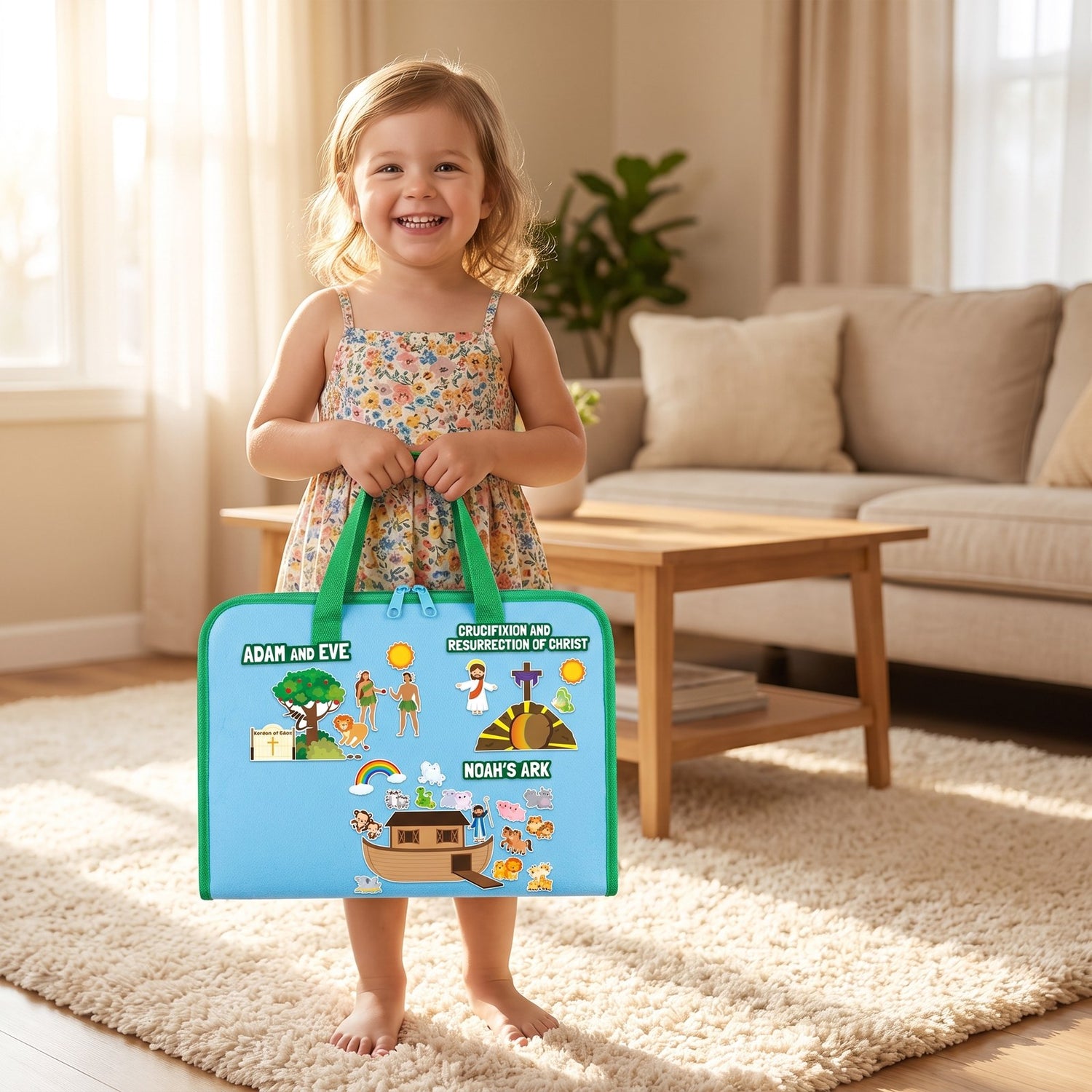 Smiling girl holding the folded felt board by its green handles