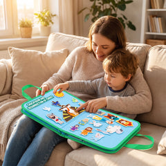 Mother and son on a sofa with the felt board open across their laps