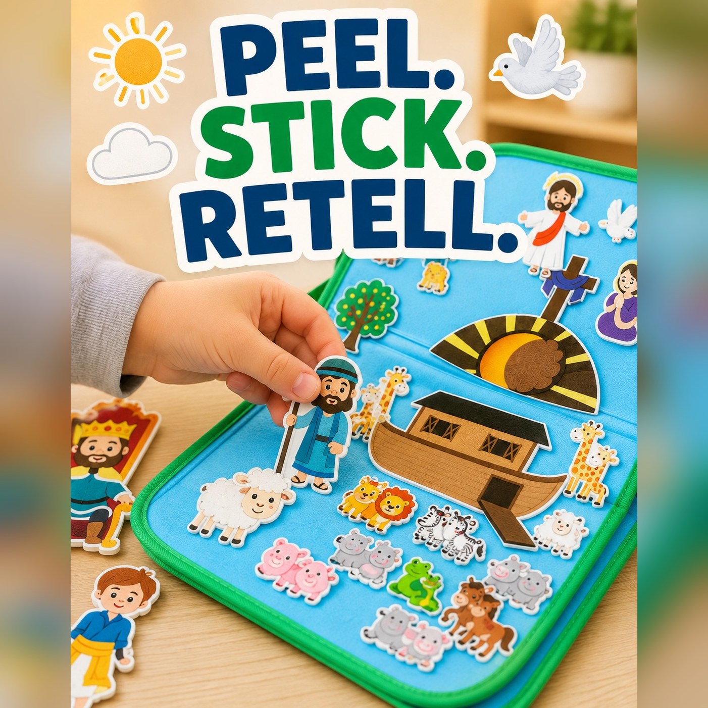Peel, stick, retell: a child placing a felt figure on the board