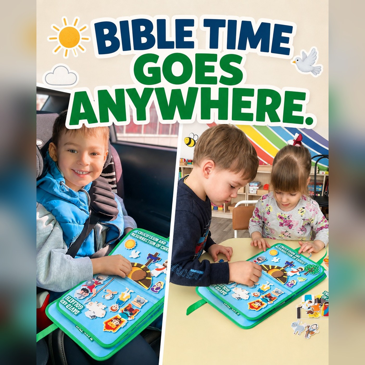 Bible time goes anywhere: children with the felt board in the car and at home