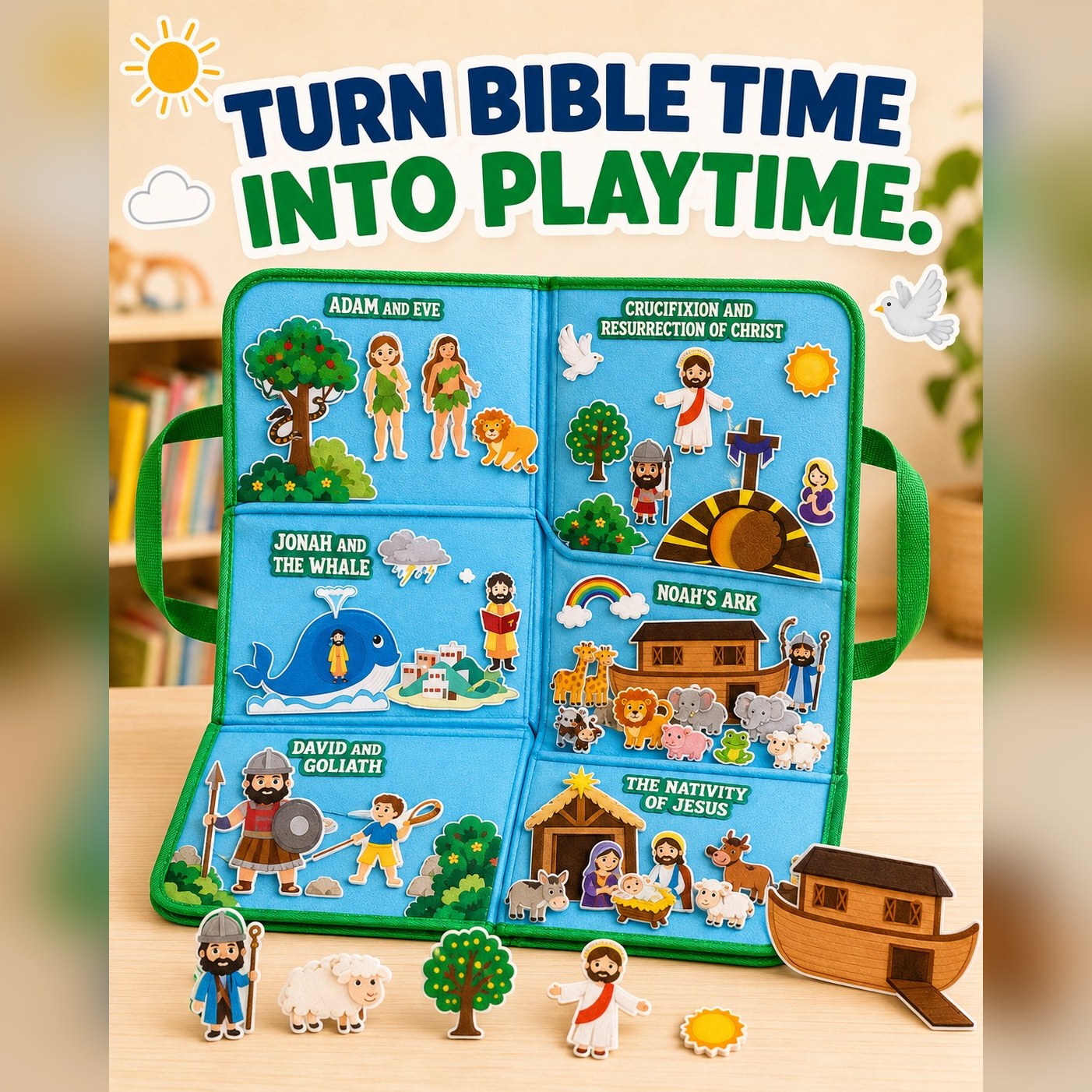 Turn Bible time into playtime: the felt board open with all six scenes