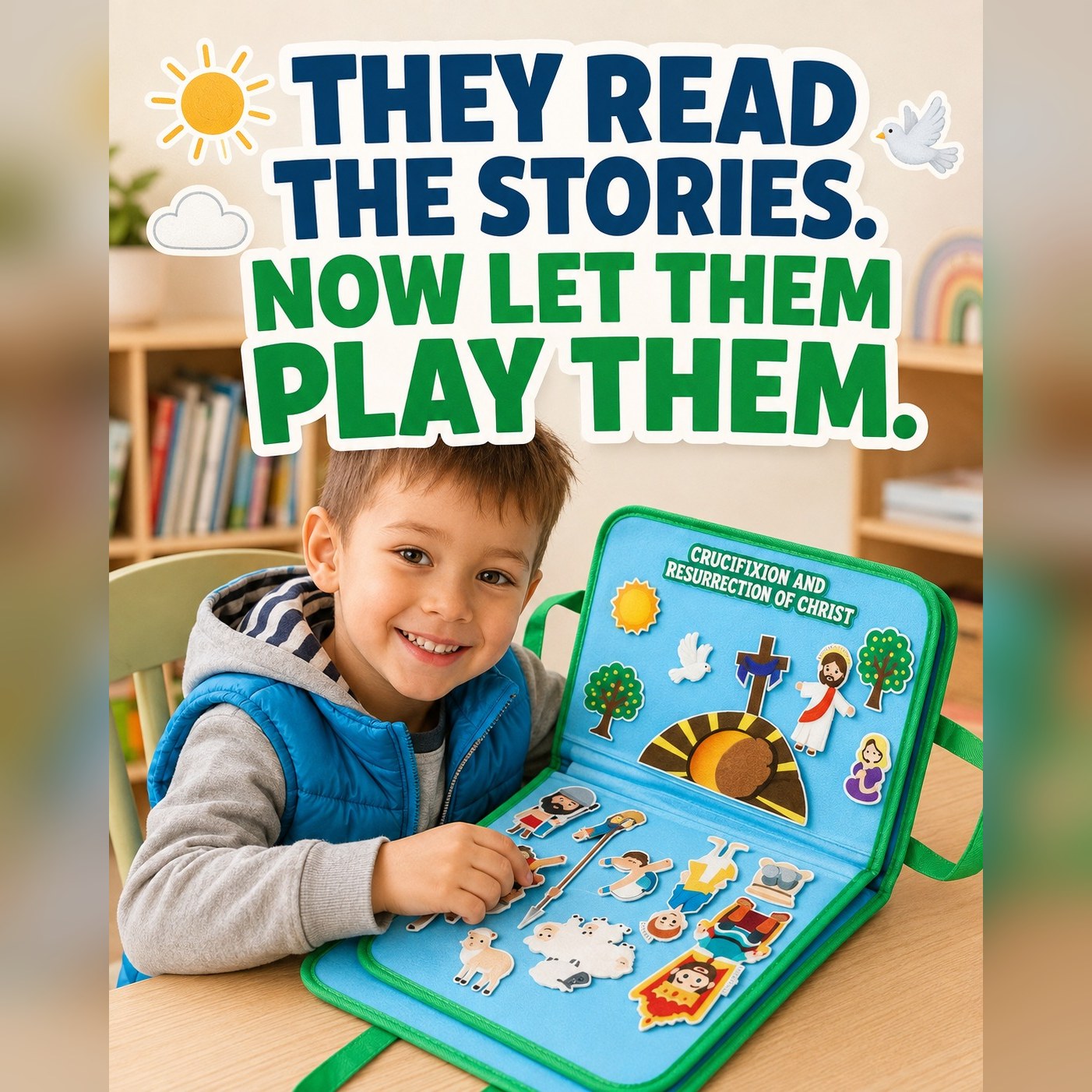 They read the stories, now let them play them: a boy with the felt board