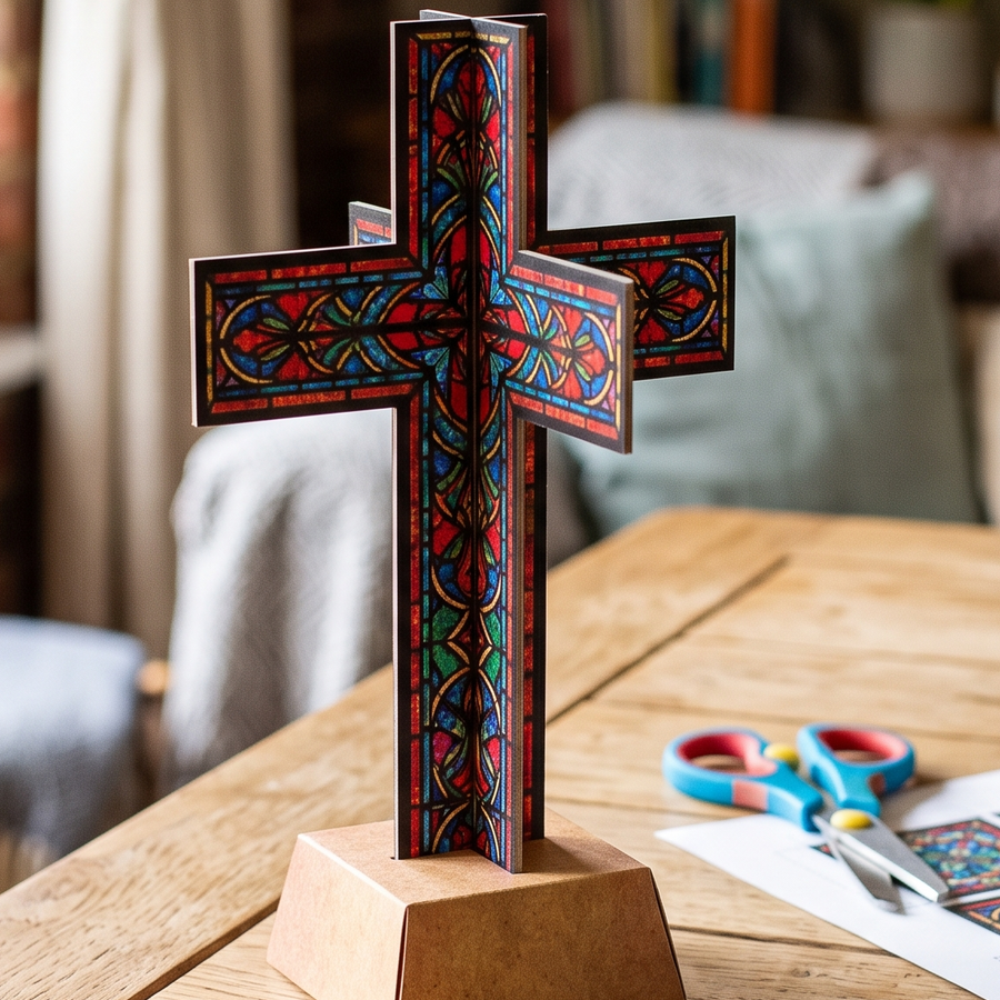 A finished paper standing cross with a stained-glass design, standing on a desk beside scissors and coloured pencils