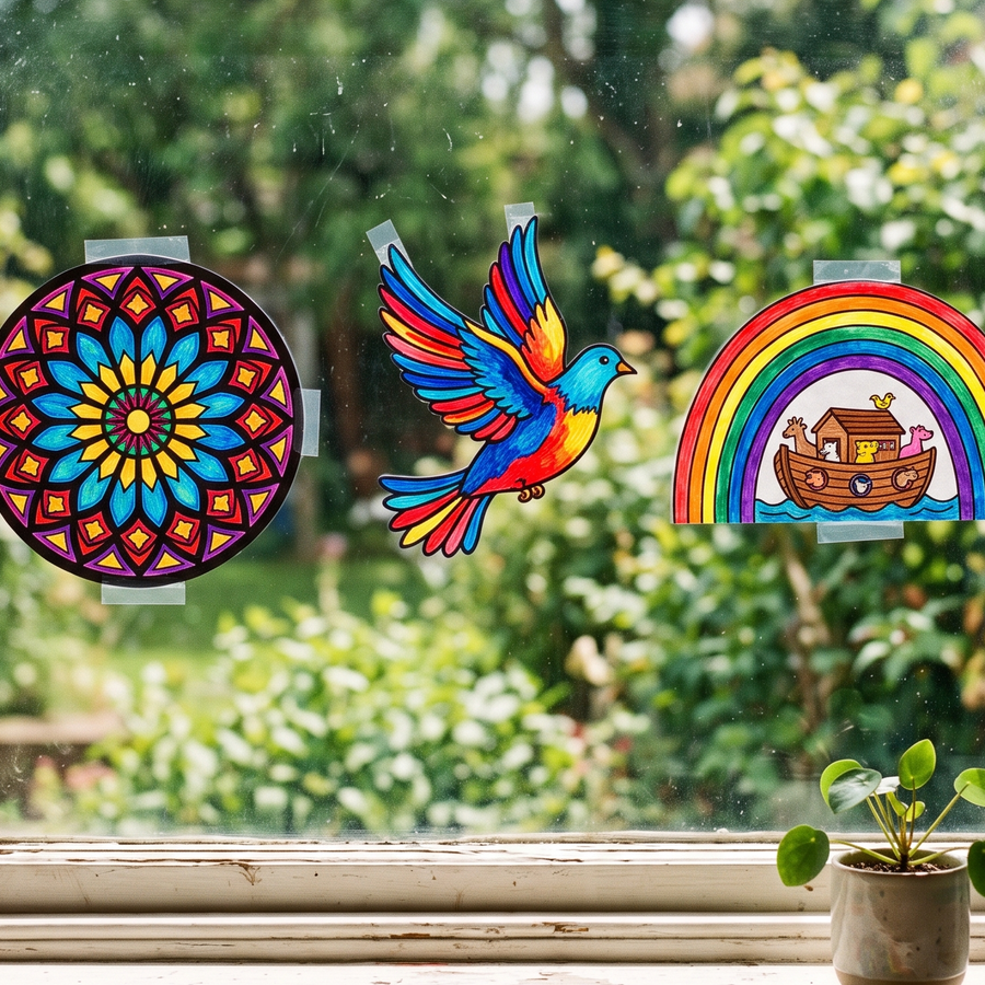 Three coloured paper suncatchers taped to a sunny window, sunlight glowing through them onto the sill