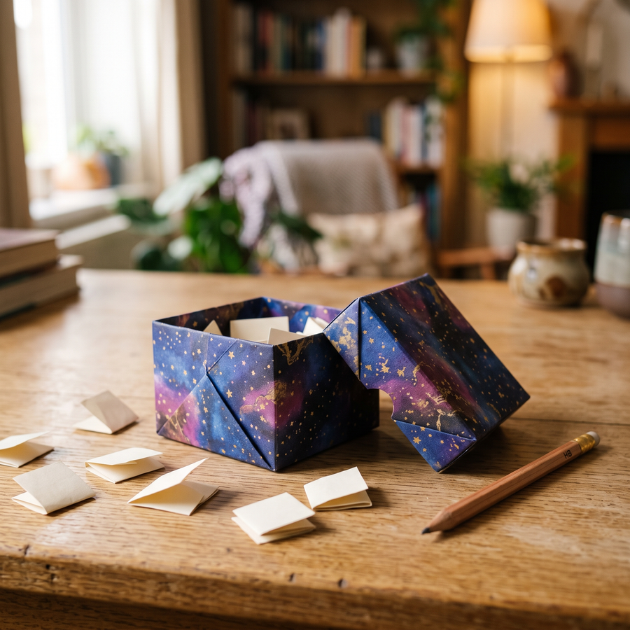 A folded paper prayer box with a starry design, lid beside it and paper prayer slips on the desk