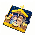 Handmade navy felt Nativity quiet book cover with the manger scene, star and elastic strap