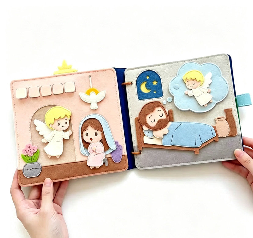 Open felt spread: the angel Gabriel visiting Mary, and Joseph asleep with an angel dream cloud