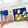Open felt spread: Mary on a donkey at the inn with a No Vacancy sign, and shepherds with sheep under an angel