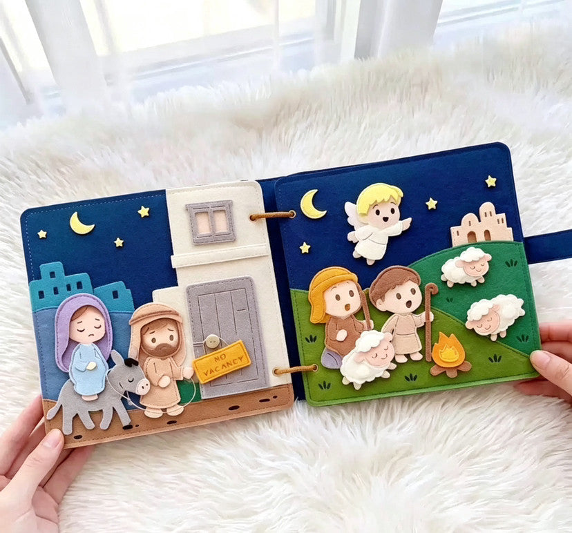 Open felt spread: Mary on a donkey at the inn with a No Vacancy sign, and shepherds with sheep under an angel